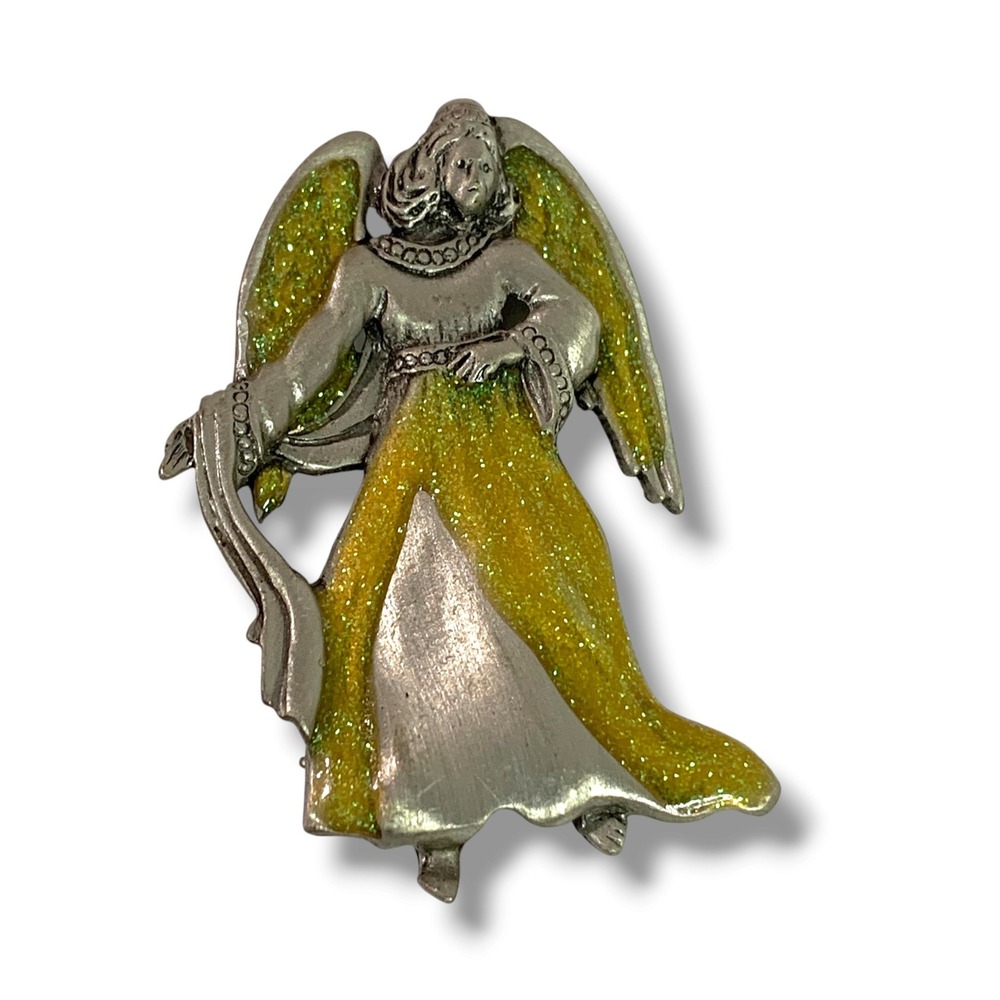 Vintage Angel Brooch Yellow Sparkle Resin Silvertone 2.25"h